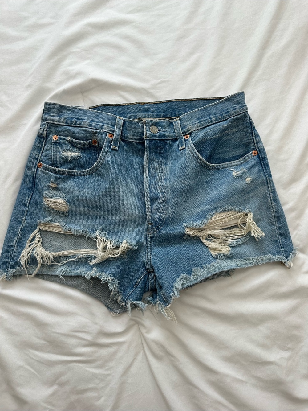 Levi's 501 Blue Ripped High-Waist Denim Shorts